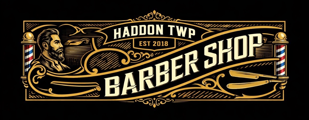Haddon TWP Barber Shop established 2018 vintage logo with bearded man and tools